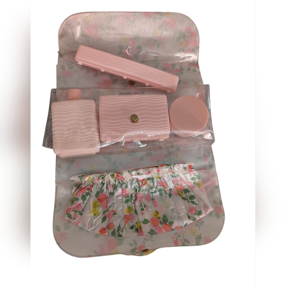 60s 70s Vintage Rare Pink Floral Cosmetic Toiletry Set‎ Organizer New